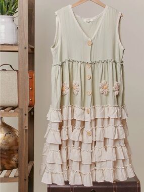 Ruffle Tiered Daisy Dress in Sage and Cream